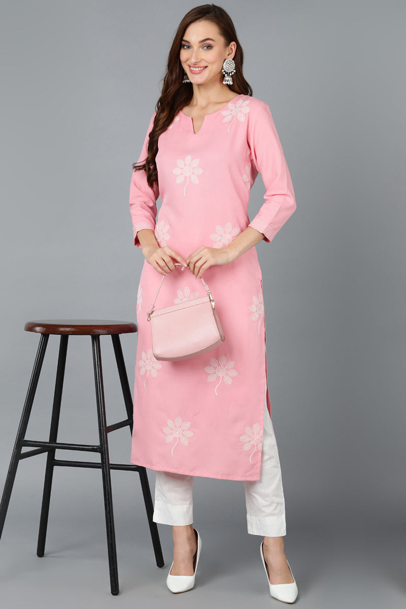 Pink Cotton Blend Embroidered Kurta VCK9165