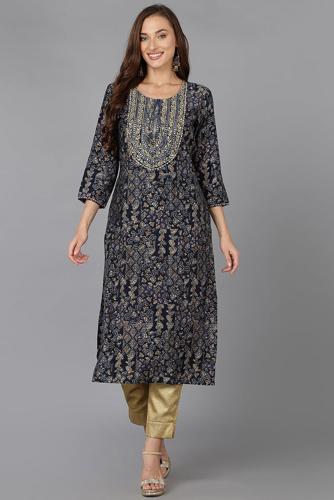 Navy Blue Cotton Blend Printed Kurta VCK9166