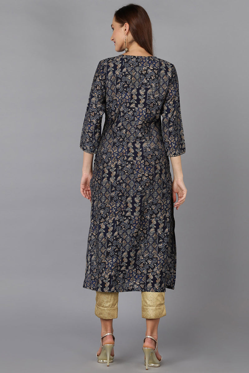 Navy Blue Cotton Blend Printed Kurta VCK9166