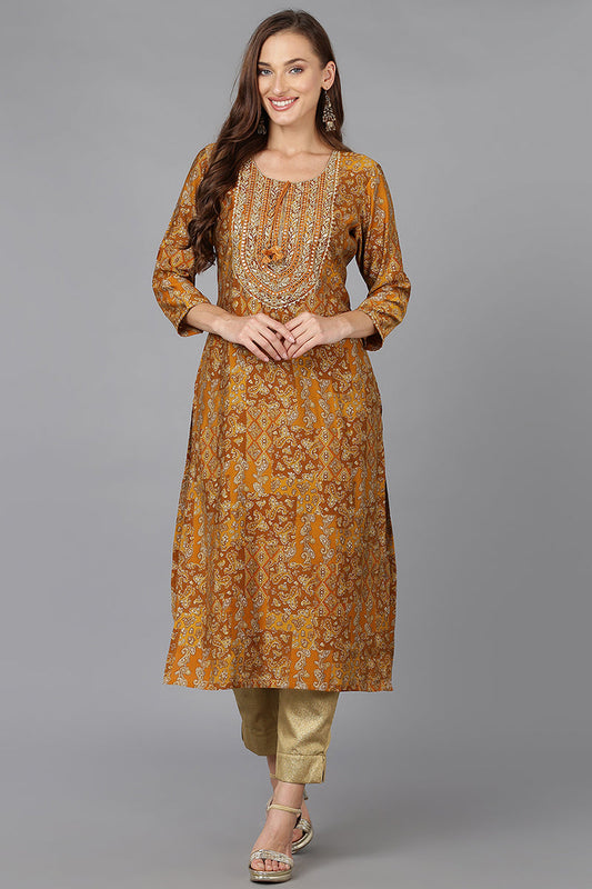 Ochre Yellow Cotton Blend Printed Kurta VCK9167