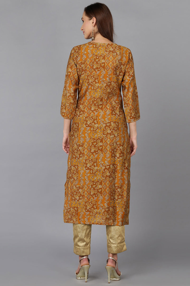 Ochre Yellow Cotton Blend Printed Kurta VCK9167