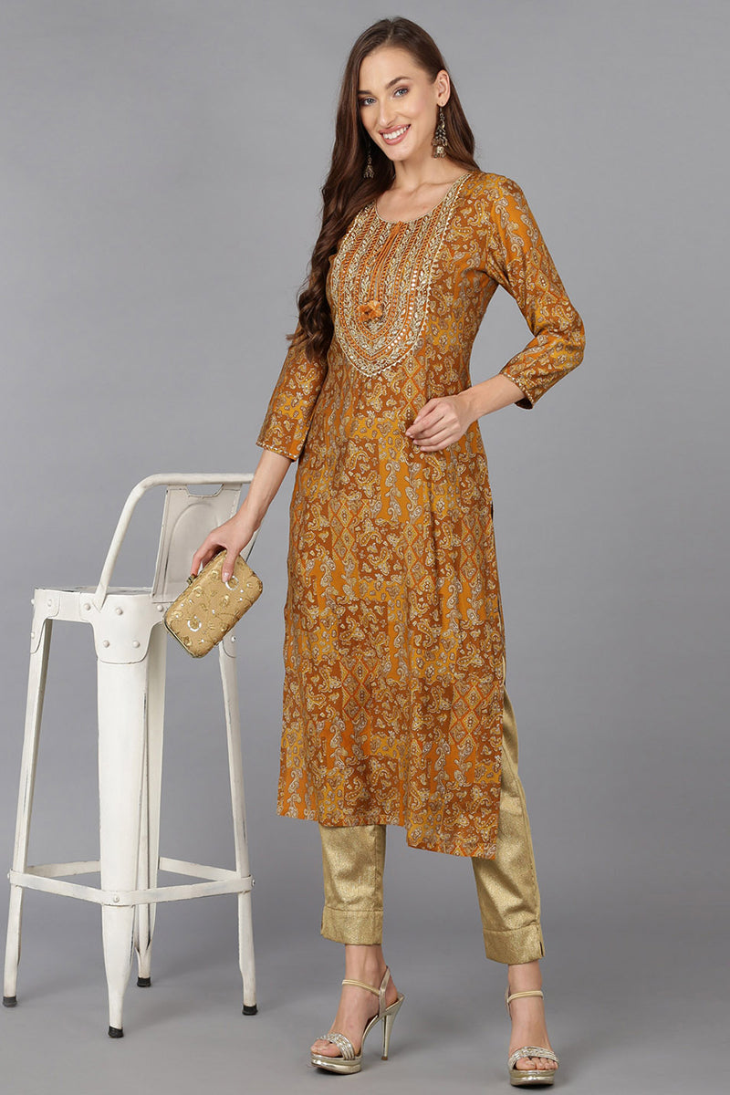 Ochre Yellow Cotton Blend Printed Kurta VCK9167