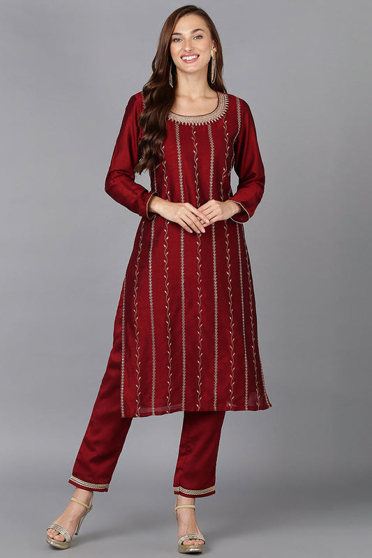 Burgundy Silk Blend Embroidered Festive wear Kurta VCK9169