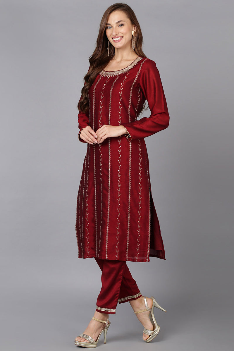 Burgundy Silk Blend Embroidered Festive wear Kurta VCK9169