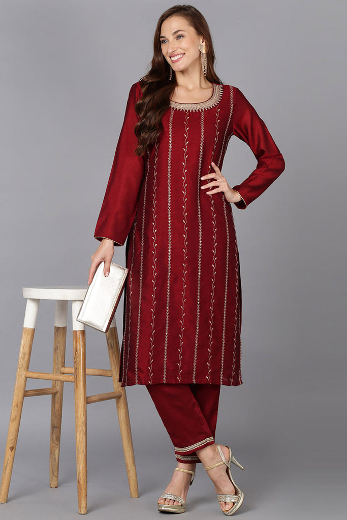 Burgundy Silk Blend Embroidered Festive wear Kurta VCK9169