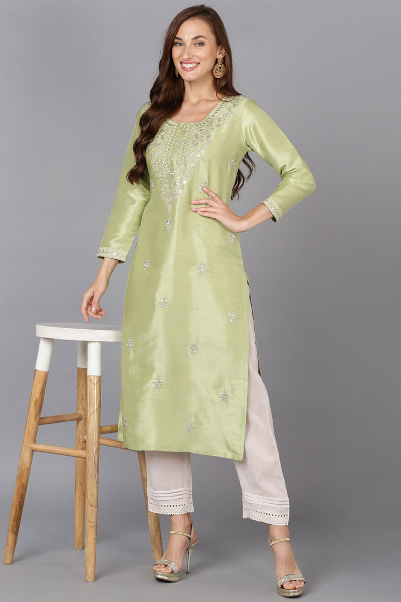 Lime Green Silk Blend Straight Kurtas VCK9175