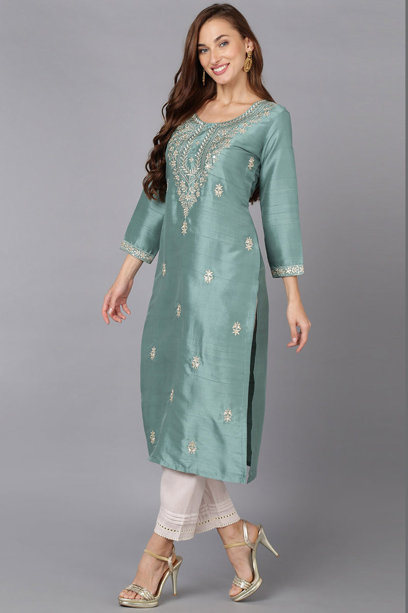 Teal Silk Blend Straight Kurtas VCK9176