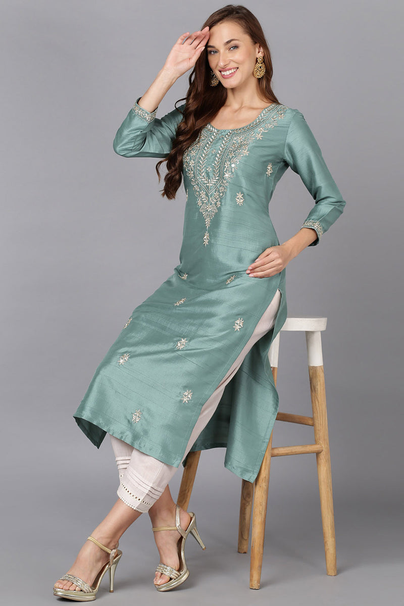 Teal Silk Blend Straight Kurtas VCK9176