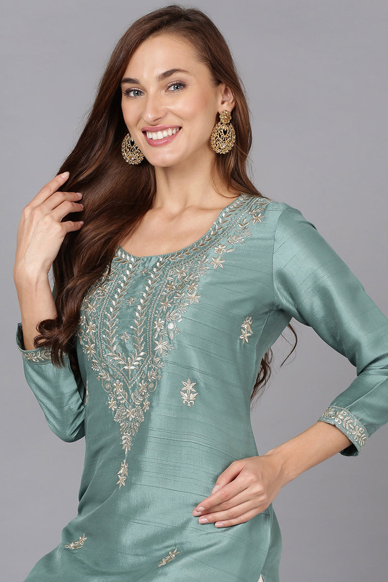 Teal Silk Blend Straight Kurtas VCK9176