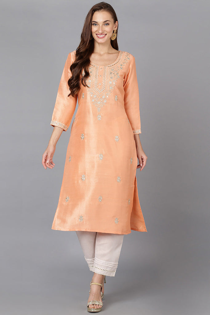 Peach Silk Blend Straight Kurtas VCK9177