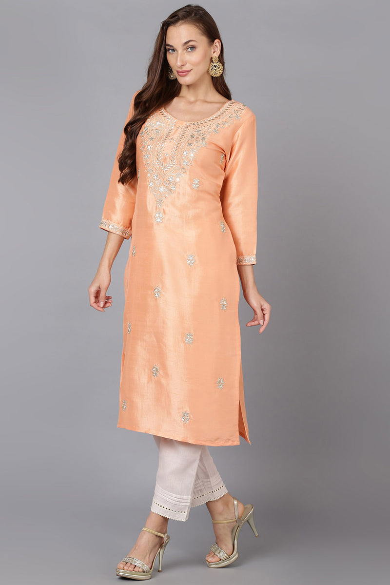 Peach Silk Blend Straight Kurtas VCK9177