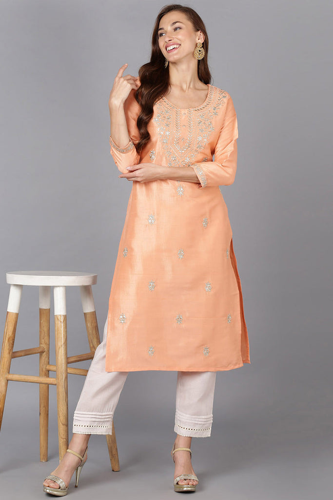 Peach Silk Blend Straight Kurtas VCK9177