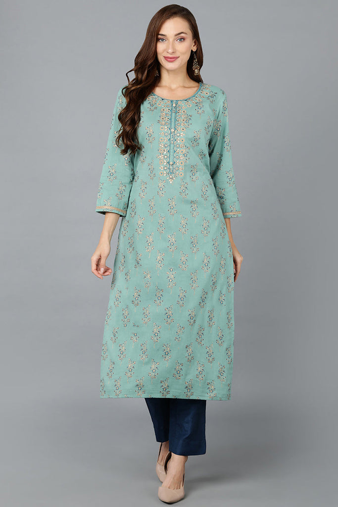 Sea Green Cotton Straight Kurtas VCK9190