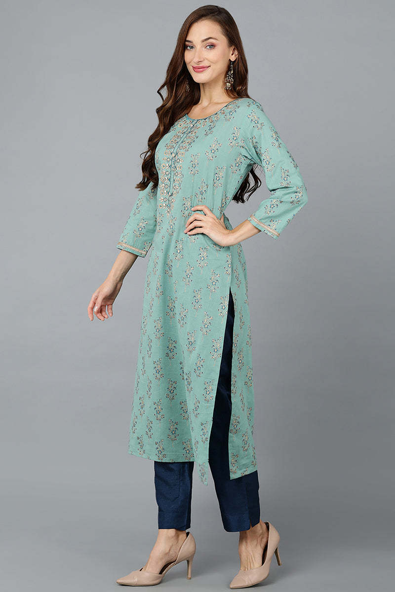 Sea Green Cotton Straight Kurtas VCK9190