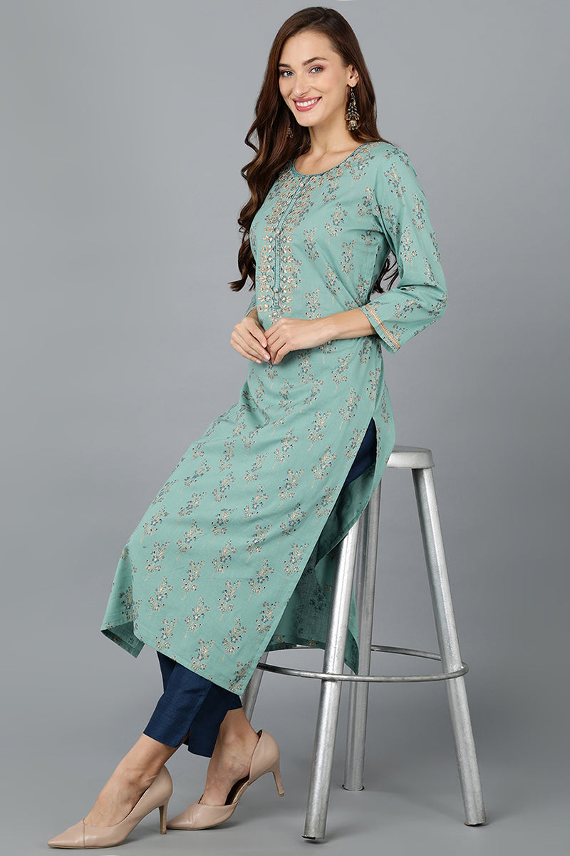 Sea Green Cotton Straight Kurtas VCK9190