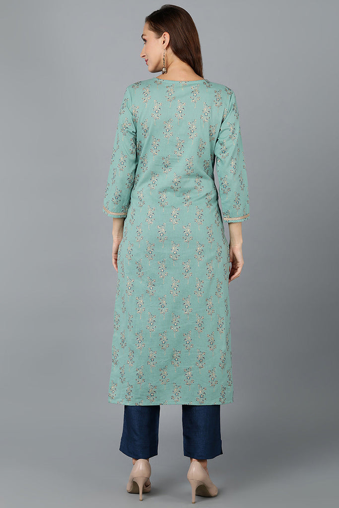 Sea Green Cotton Straight Kurtas VCK9190