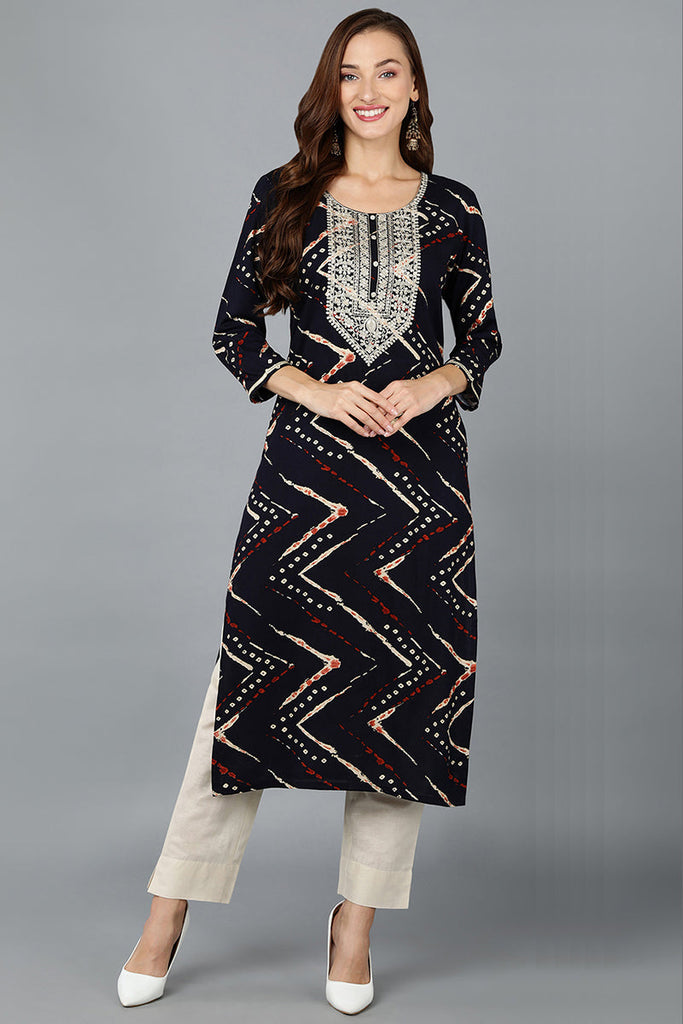 Navy Blue Viscose Rayon Embroidered Chevron Printed Straight Kurtas VCK9199