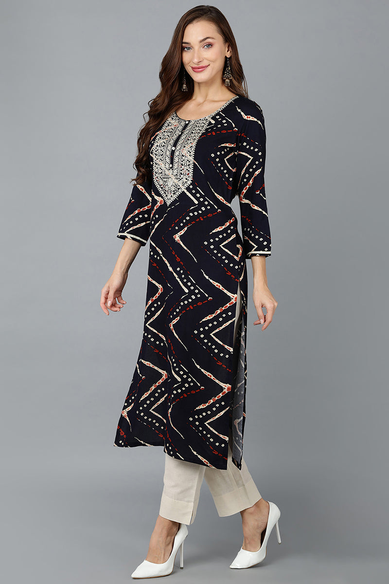 Navy Blue Viscose Rayon Embroidered Chevron Printed Straight Kurtas VCK9199