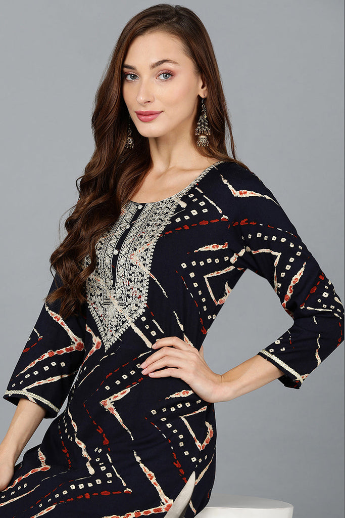 Navy Blue Viscose Rayon Embroidered Chevron Printed Straight Kurtas VCK9199