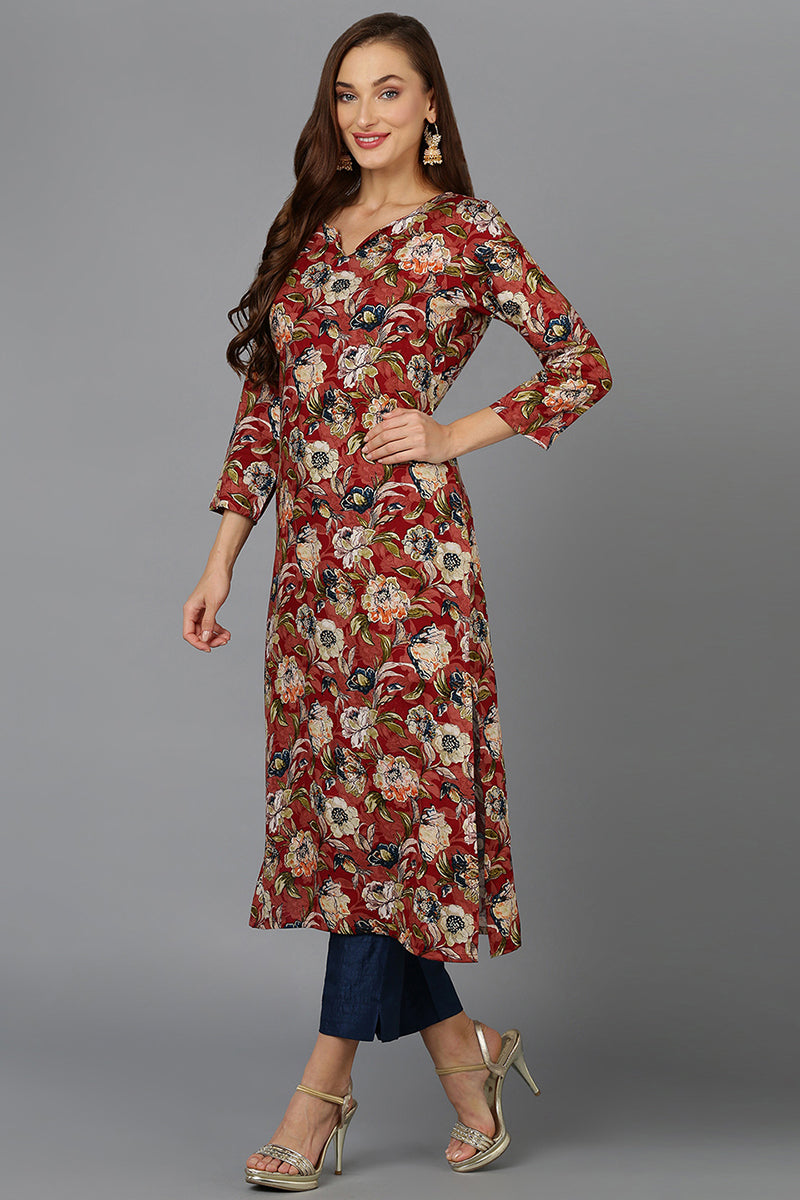 Cotton Blend Maroon Floral Printed Straight Kurta VCK9203