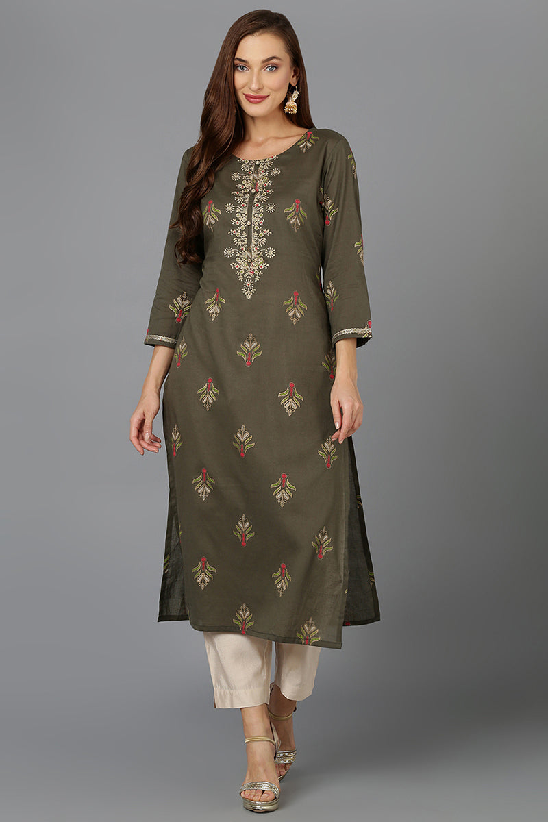 Cotton Pine Green Embroidered Straight Kurta VCK9207