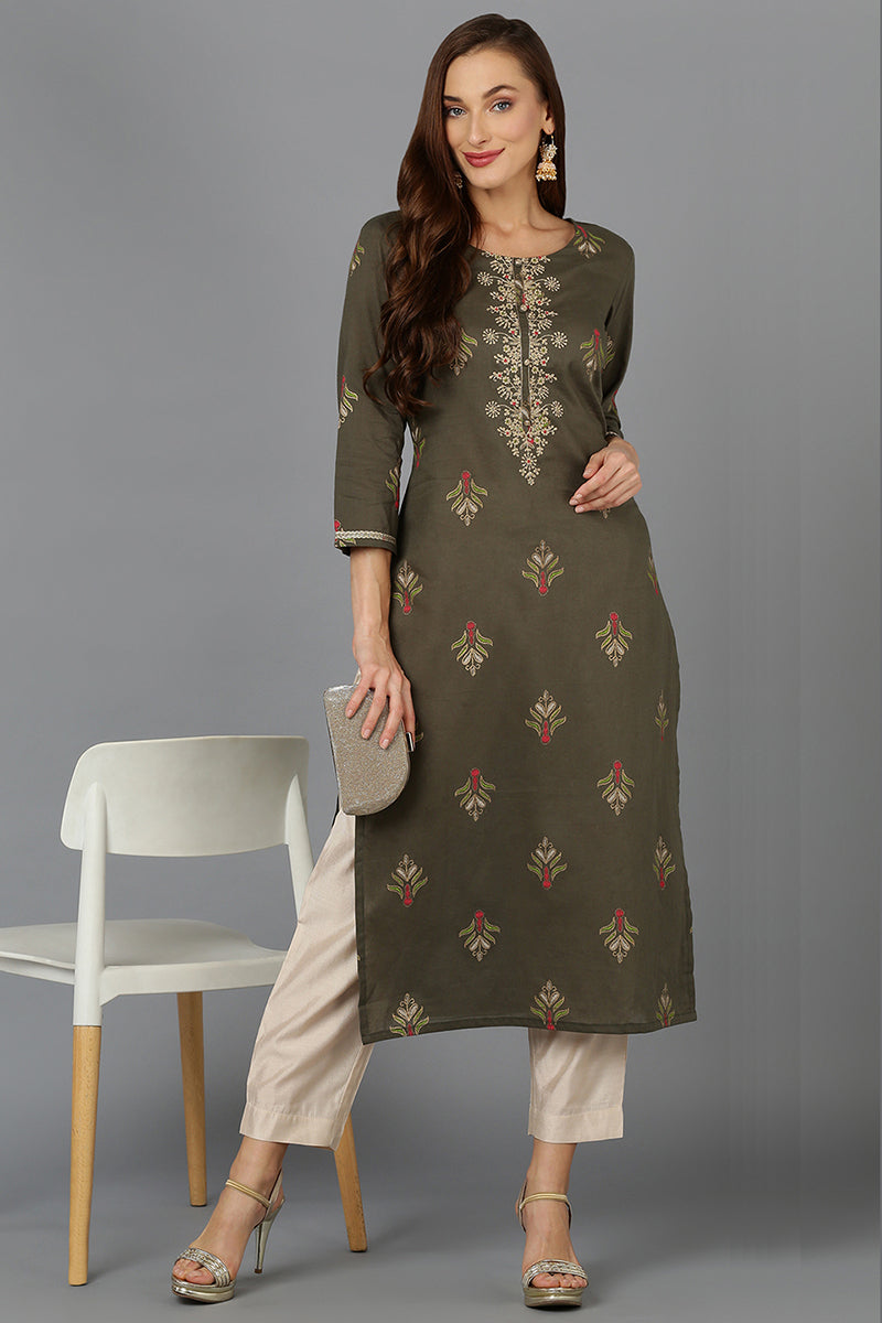 Cotton Pine Green Embroidered Straight Kurta VCK9207