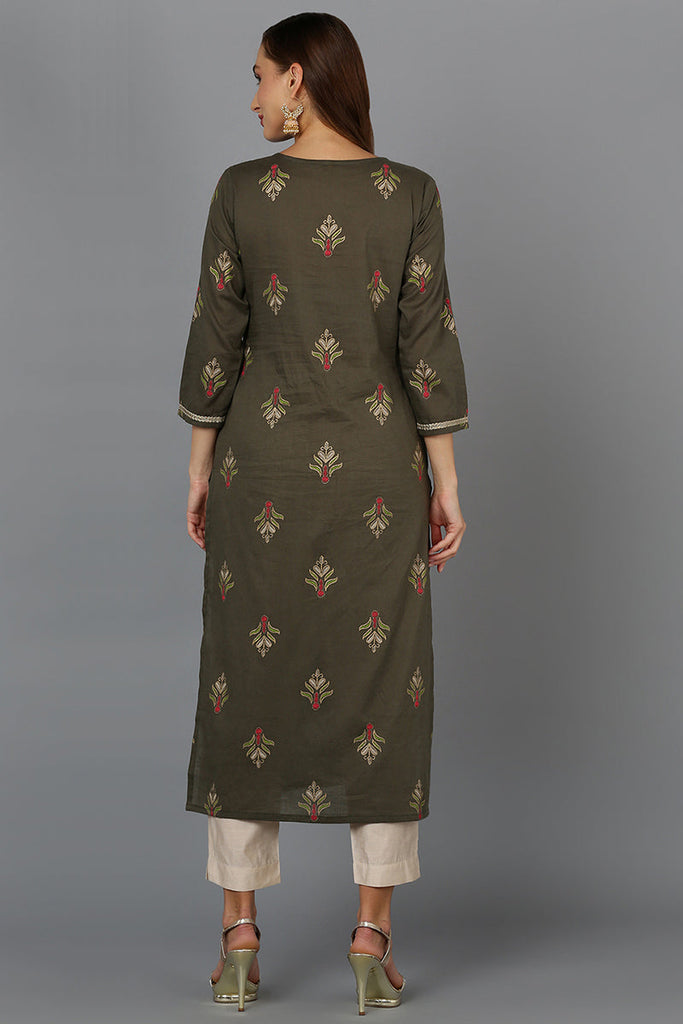 Cotton Pine Green Embroidered Straight Kurta VCK9207