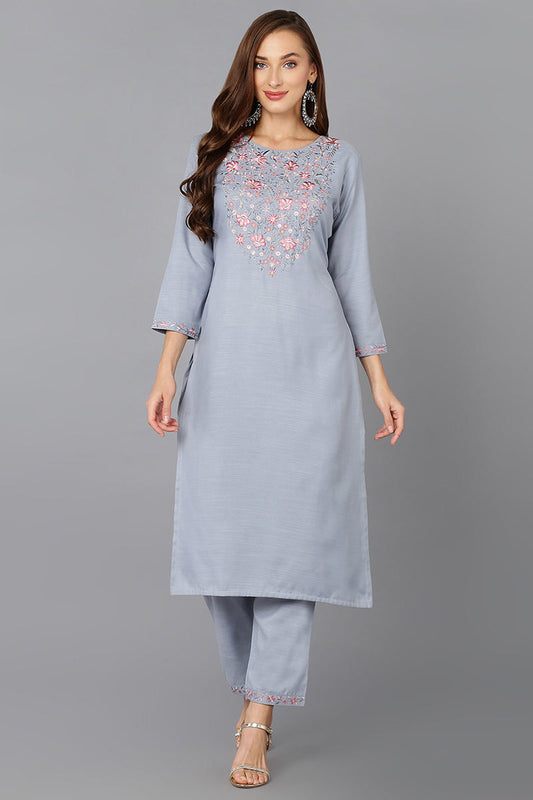 Cotton Blend Blue Embroidered Straight Kurta VCK9212