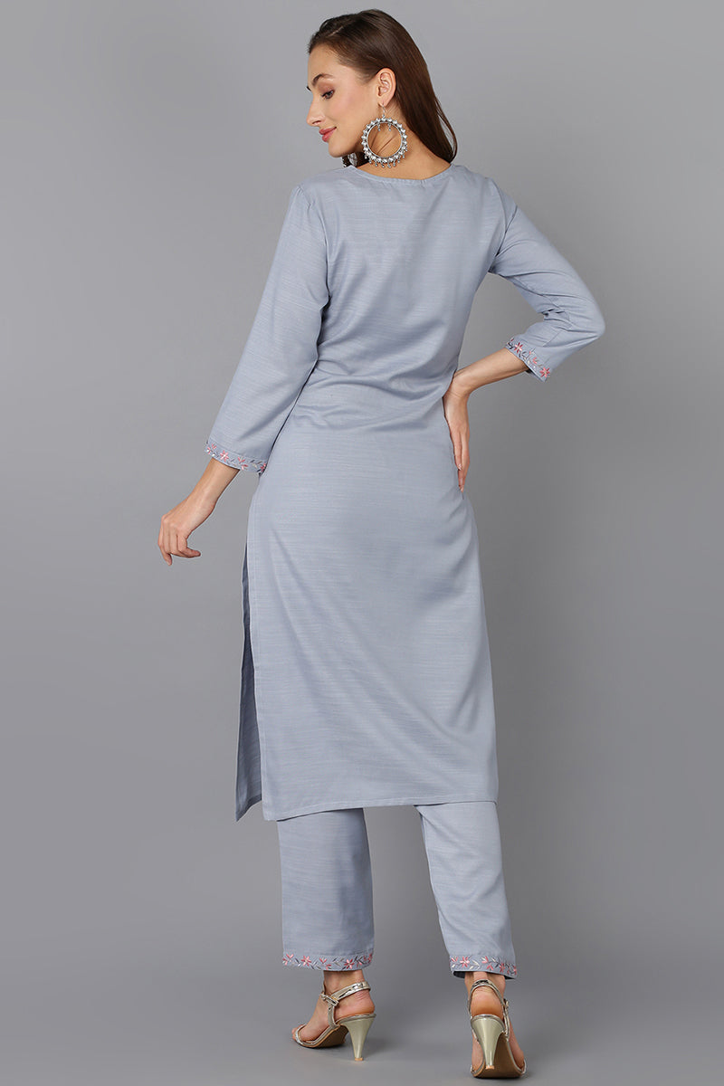 Cotton Blend Blue Embroidered Straight Kurta VCK9212