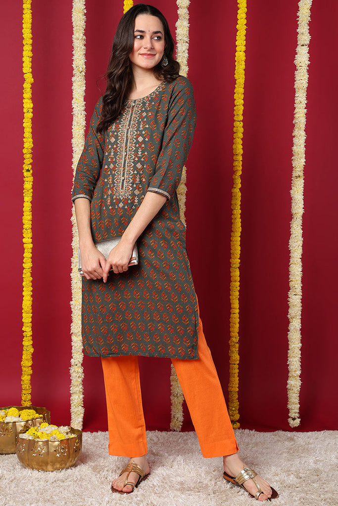 Olive Cotton Blend Floral Embroidered Straight Kurta VCK9214