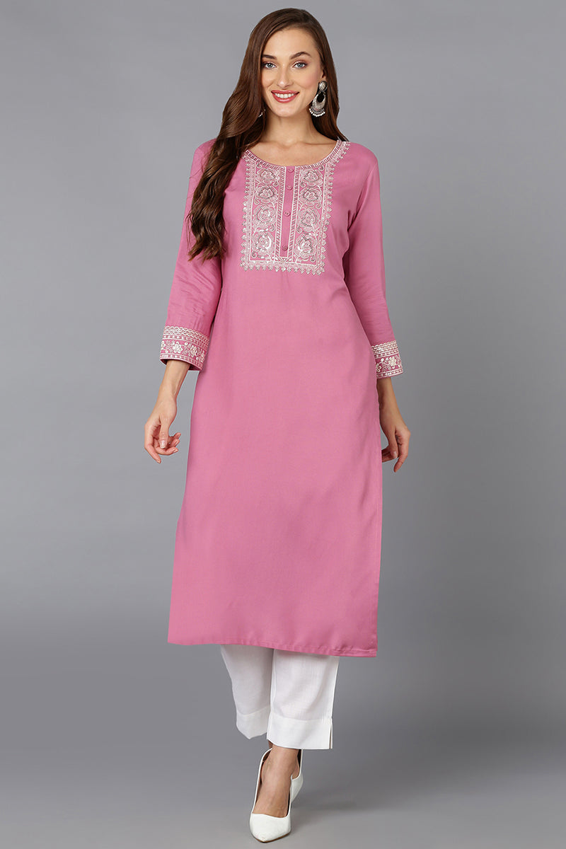 Pink Rayon Embroidered Straight Kurta VCK9217