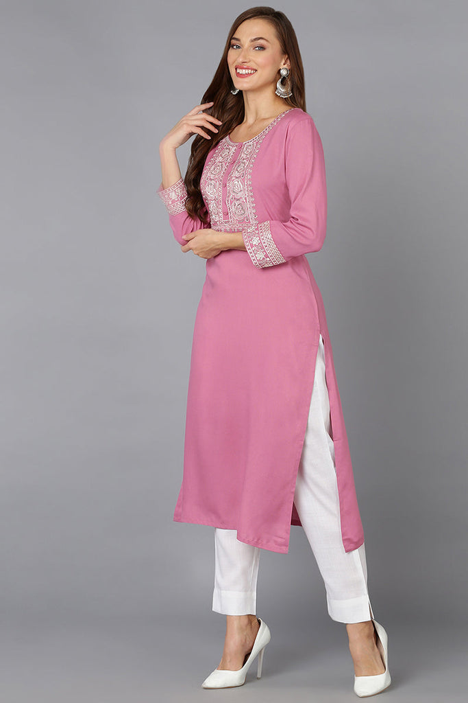 Pink Rayon Embroidered Straight Kurta VCK9217