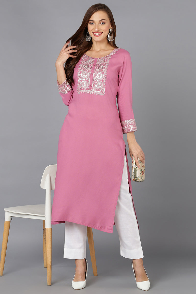 Pink Rayon Embroidered Straight Kurta VCK9217