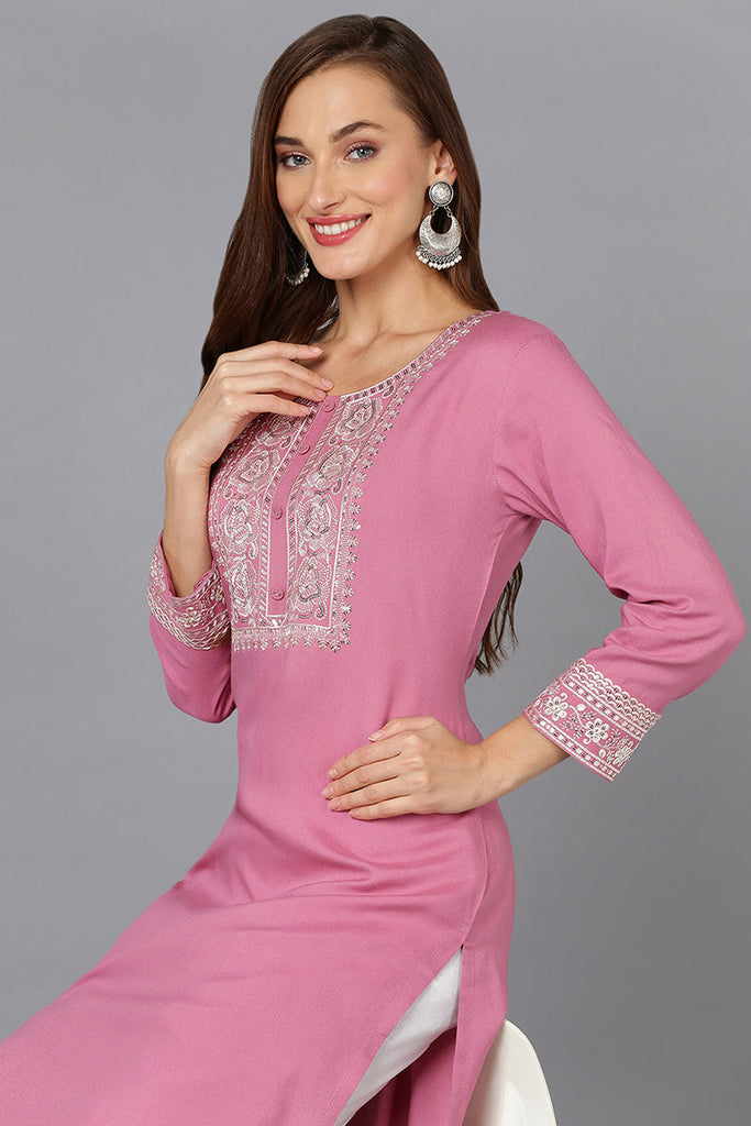 Pink Rayon Embroidered Straight Kurta VCK9217