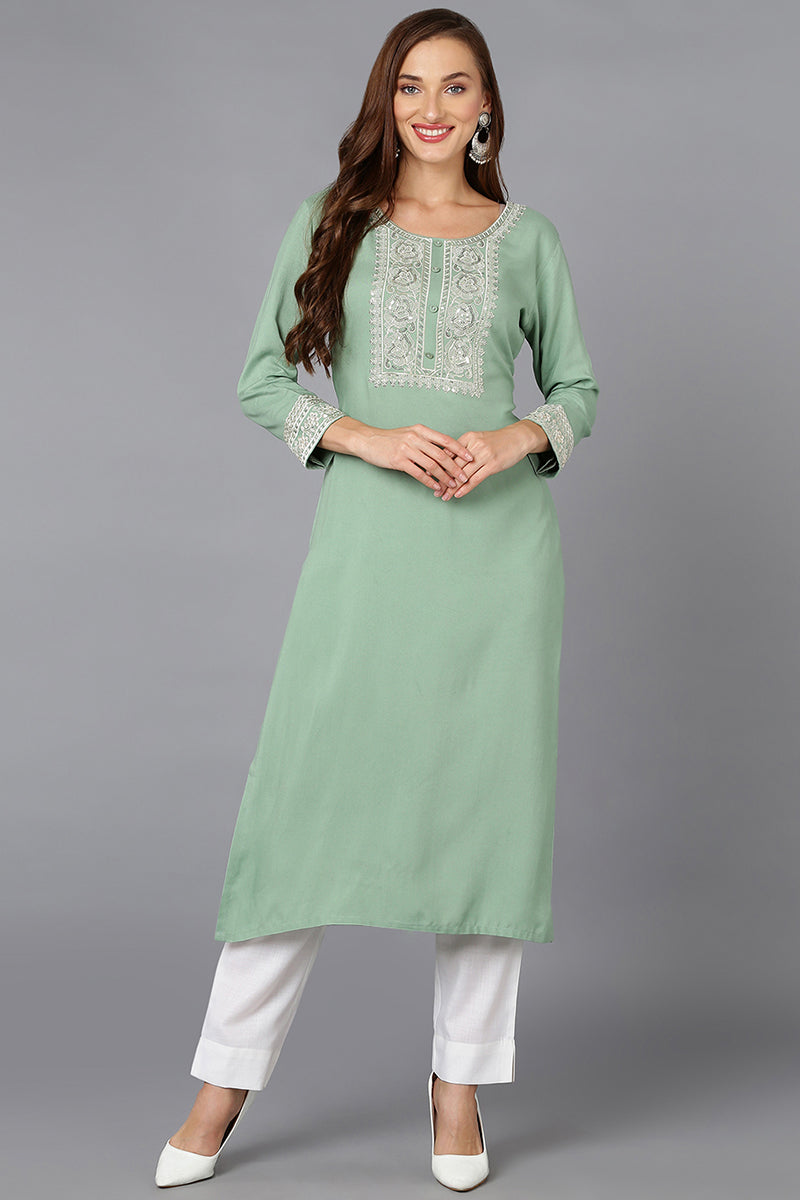 Sea Green Viscose Rayon Embroidered Straight Kurta VCK9218