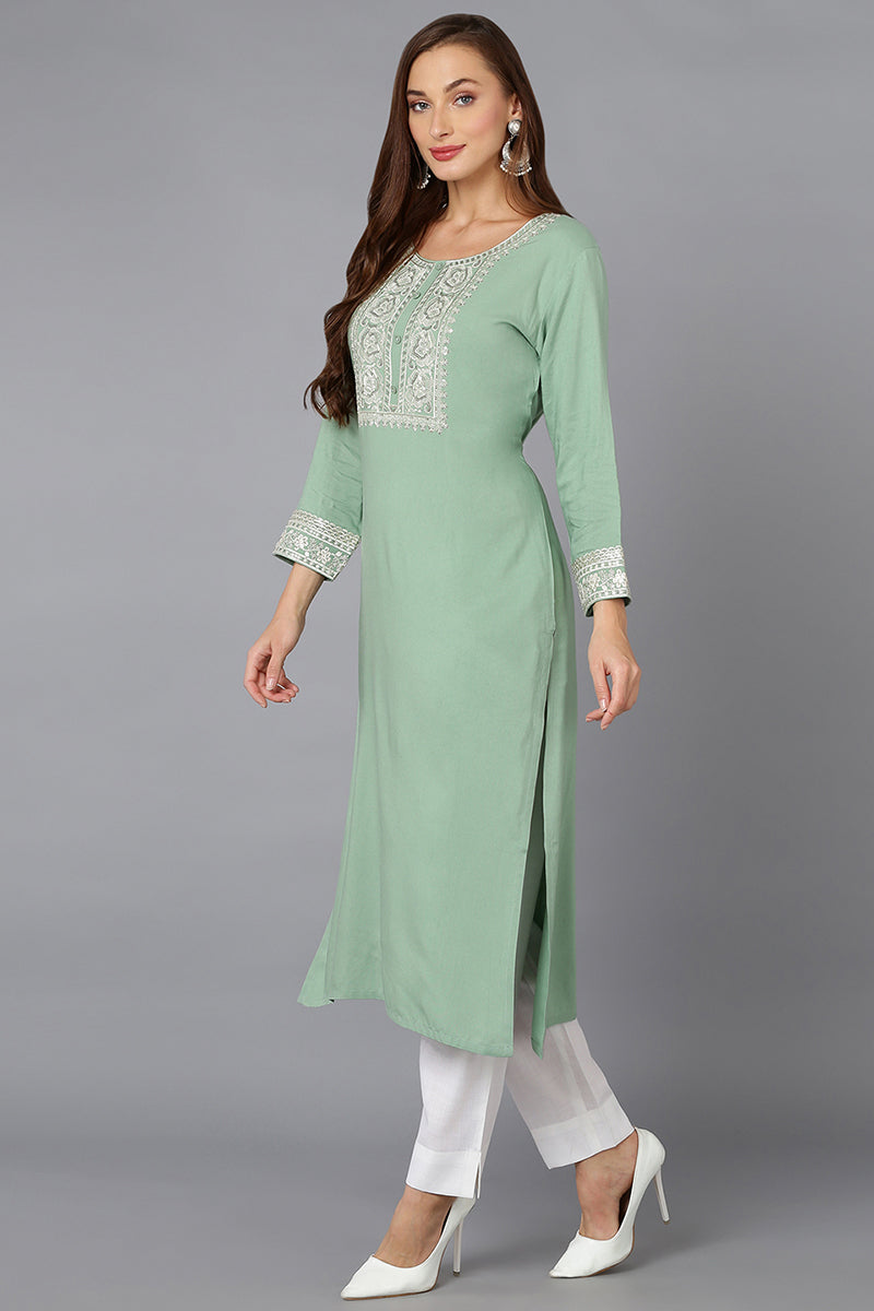 Sea Green Viscose Rayon Embroidered Straight Kurta VCK9218