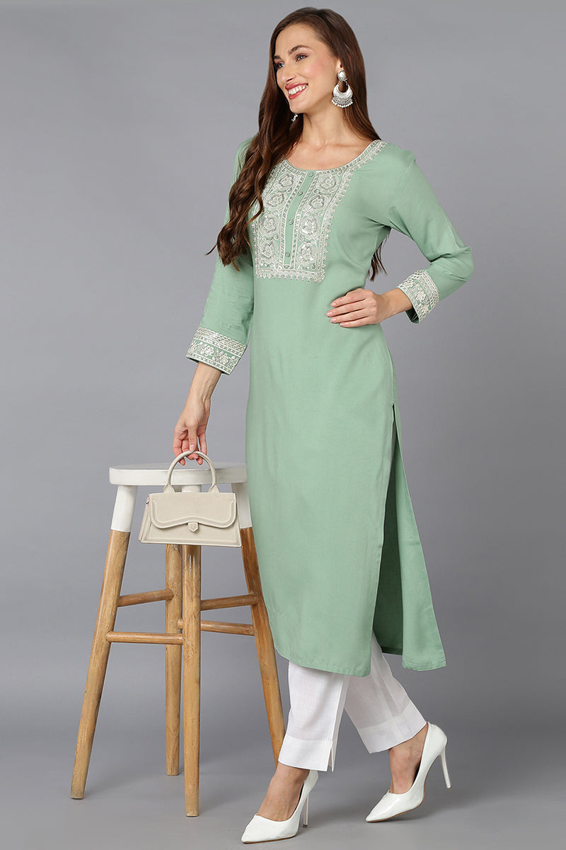 Sea Green Viscose Rayon Embroidered Straight Kurta VCK9218