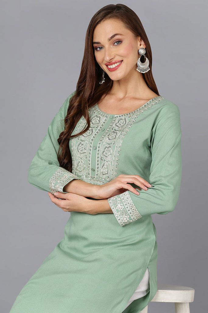 Sea Green Viscose Rayon Embroidered Straight Kurta VCK9218