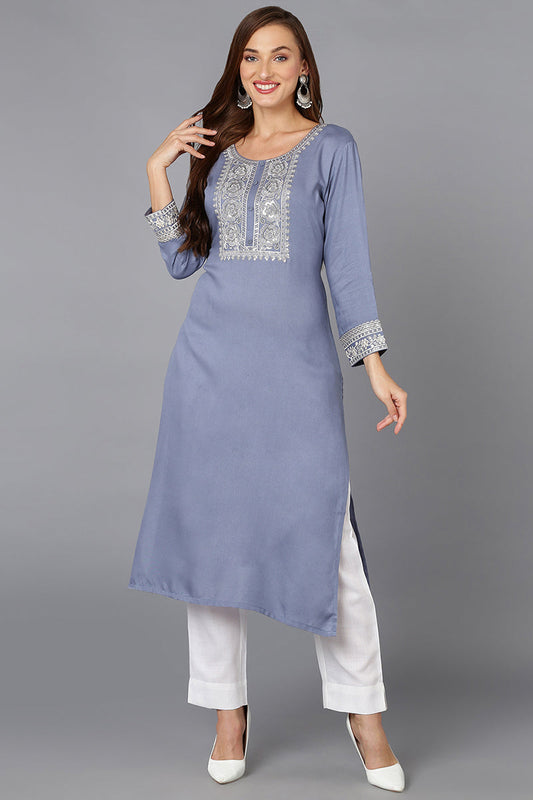 Blue Pottery Viscose Rayon Embroidered Straight Kurta VCK9219