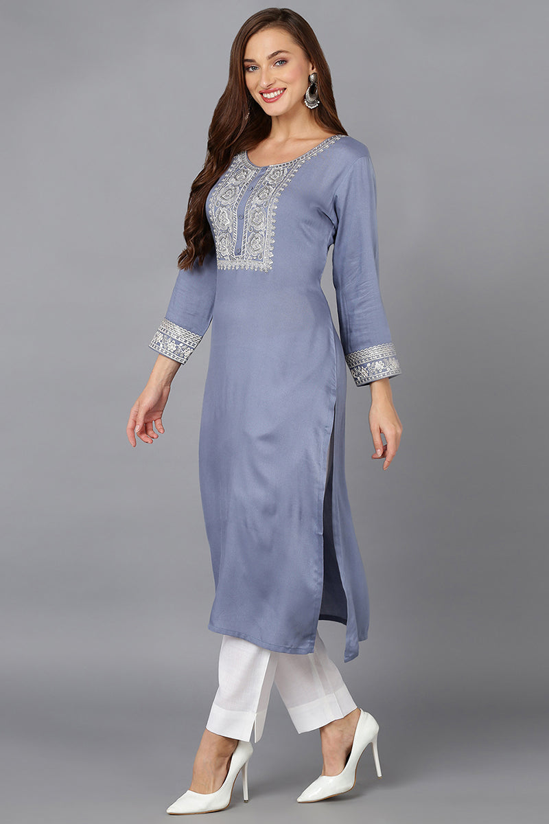 Blue Pottery Viscose Rayon Embroidered Straight Kurta VCK9219