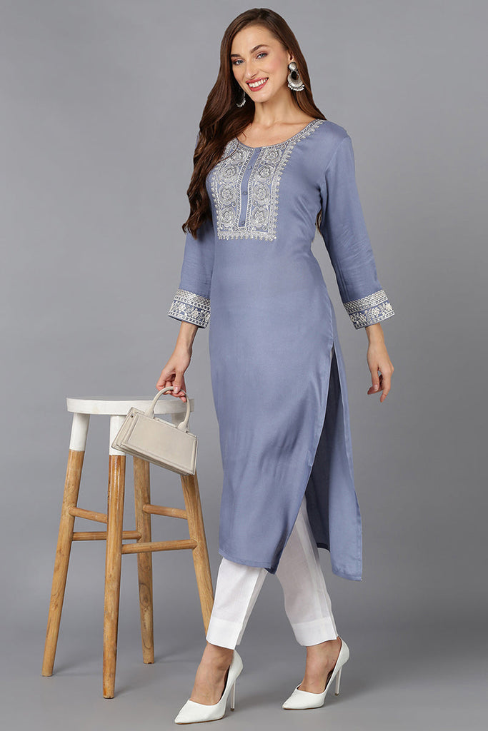 Blue Pottery Viscose Rayon Embroidered Straight Kurta VCK9219