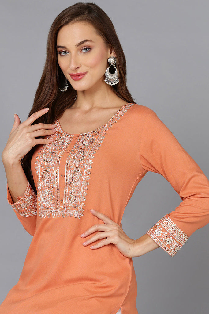 Coral Peach Viscose Rayon Embroidered Straight Kurta VCK9220