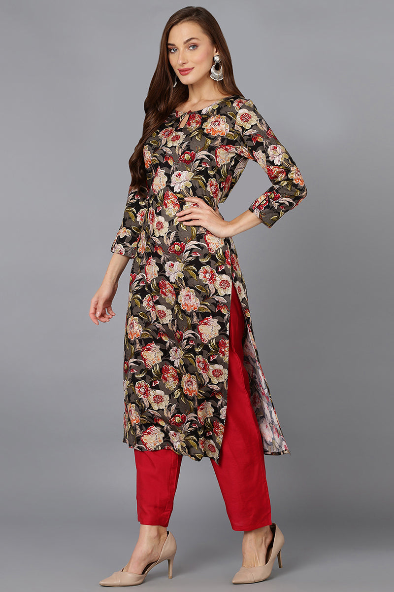 Cotton Blend Black Floral Printed Straight Kurta 