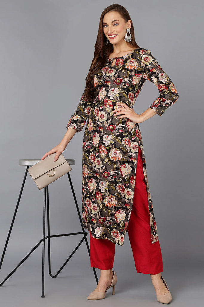 Cotton Blend Black Floral Printed Straight Kurta 