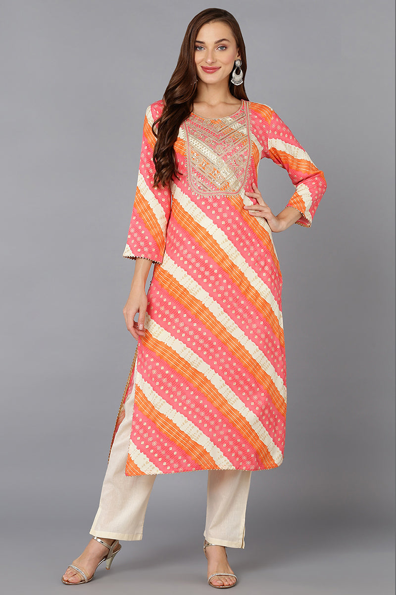 Pink Cotton Blend Embroidered Straight Kurta VCK9229