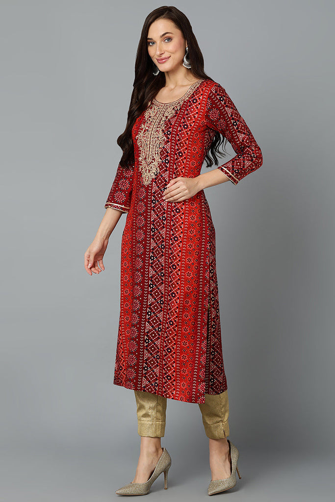 Cotton Blend Maroon Printed Straight Kurta VCK9238