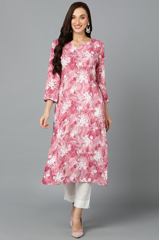 Cotton Blend Rose Pink Printed Straight Kurta VCK9241