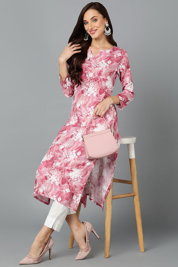 Cotton Blend Rose Pink Printed Straight Kurta VCK9241