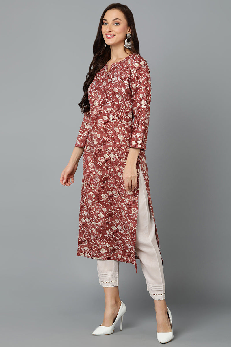 Cotton Blend Mauve Taupe Printed Straight Kurta VCK9242