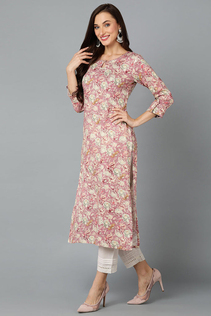 Cotton Rose Pink Printed Straight Kurta VCK9246